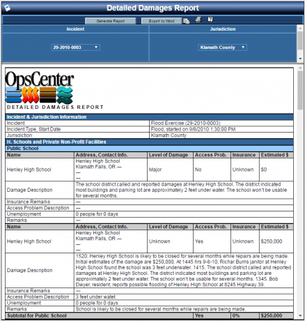 Damages Detailed Report in OpsCenter