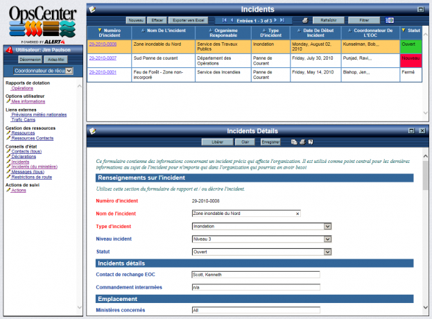 Example screen of OpsCenter in French